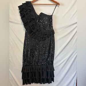 VINTAGE JOY STEVENS Black One-Shoulder Sequin and Pleated Cocktail Dress Size 14